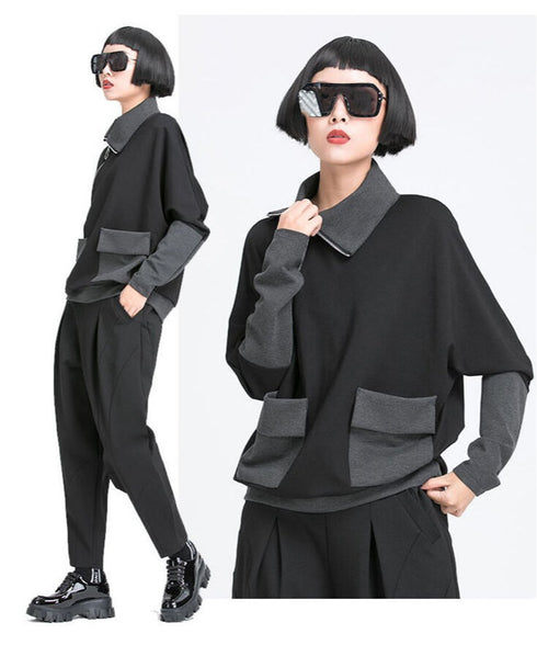 Contrast Panel Zip Collar Pullover